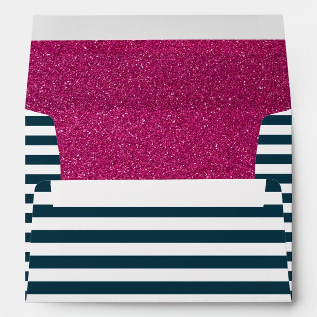 Nautical Navy Blue Stripes Pink Glitter Envelope (Back (Bottom))