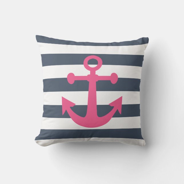 Nautical Navy Blue Stripes Pink Magenta Anchor Throw Pillow (Front)