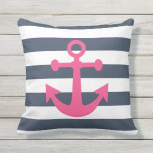 Nautical Navy Blue Stripes Pink Magenta Anchor Throw Pillow