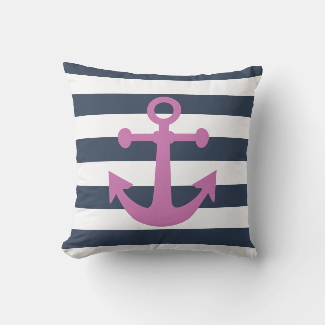 Nautical Navy Blue Stripes Purple Anchor Throw Pillow (Front)