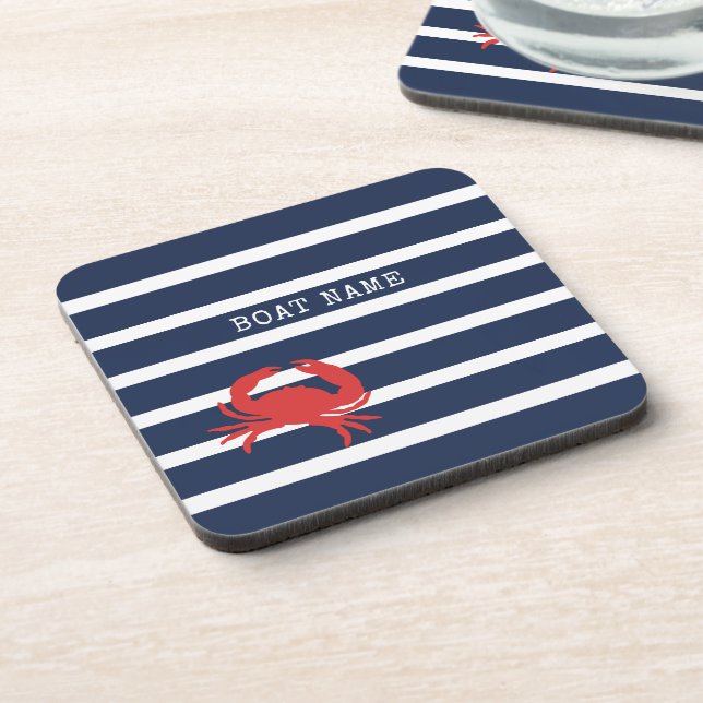 Nautical Navy Blue Stripes Red Crab Boat Name Beverage Coaster (Left Side)