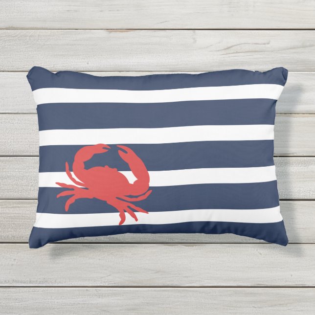 Nautical Navy Blue Stripes Red Crab Boat Name Outdoor Pillow (Front)