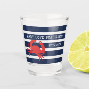 Nautical Navy Blue Stripes Red Crab Boat Name Shot Glass