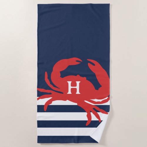 Nautical Navy Blue Stripes Red Crab Monogram Beach Towel
