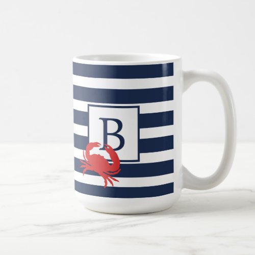 Nautical Navy Blue Stripes Red Crab Monogram Coffe Coffee Mug