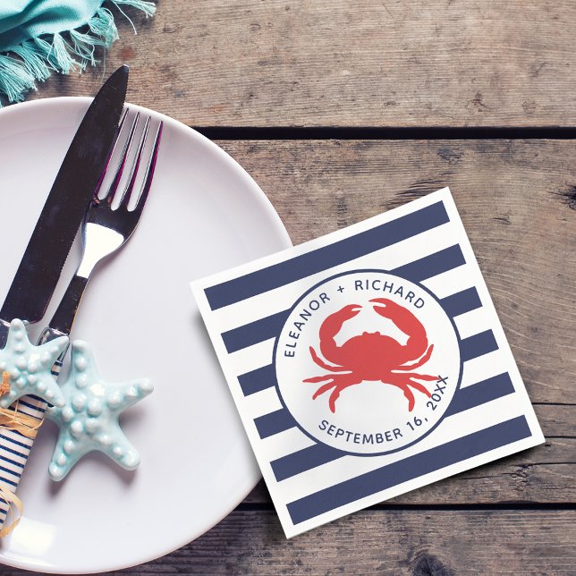 Nautical Navy Blue Stripes Red Crab Paper Napkins (Nautical Navy Blue Stripes Red Crab Paper Napkins)