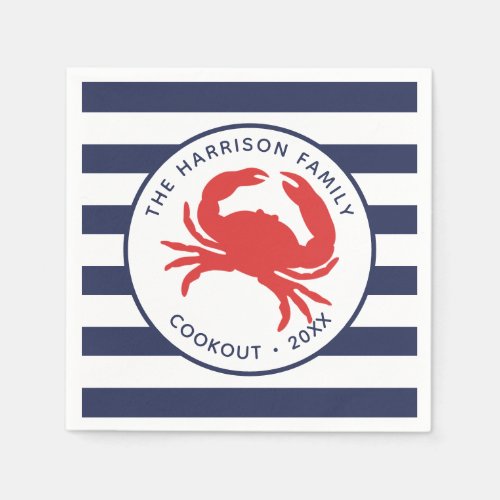 Nautical Navy Blue Stripes Red Crab Paper Napkins