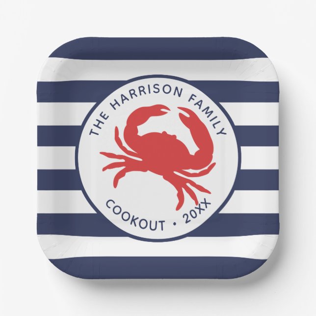 Nautical Navy Blue Stripes Red Crab Paper Plates (Front)