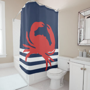 Nautical Navy Blue Stripes Red Crab Shower Curtain
