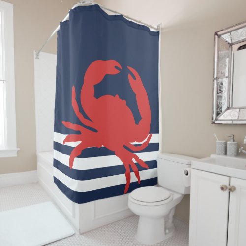 Nautical Navy Blue Stripes Red Crab Shower Curtain