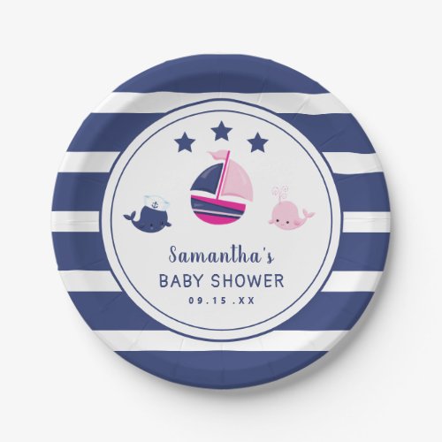 Nautical Navy Blue Stripes Sailboat Baby Shower Paper Plates