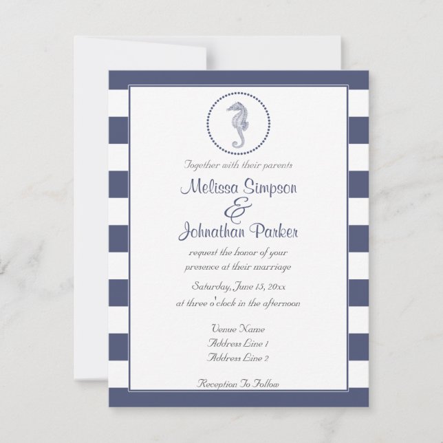 Nautical Navy Blue Stripes | Seahorse Invitation (Front)