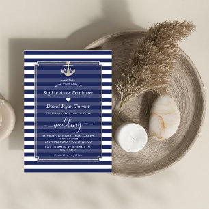 Nautical Navy Blue Stripes Silver Anchor Wedding Invitation
