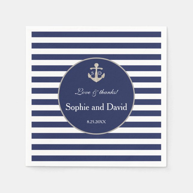 Nautical Navy Blue Stripes Silver Anchor Wedding Napkins (Front)