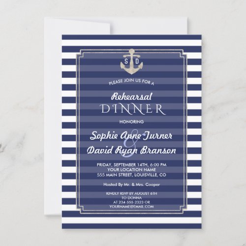 Nautical Navy Blue Stripes Silver REHEARSAL DINNER Invitation