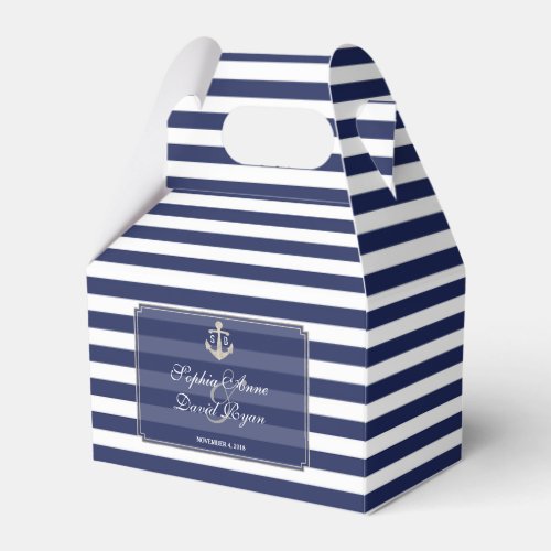 Nautical Navy Blue Stripes Silver Wedding Favor Boxes