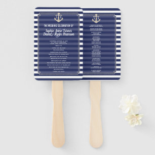 Nautical Navy Blue Stripes Silver Wedding Program Hand Fan