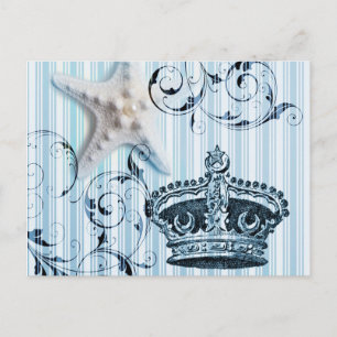 nautical navy blue stripes starfish seashell crown postcard