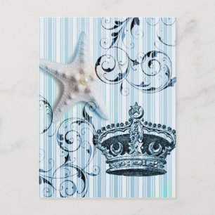 nautical navy blue stripes starfish seashell crown postcard