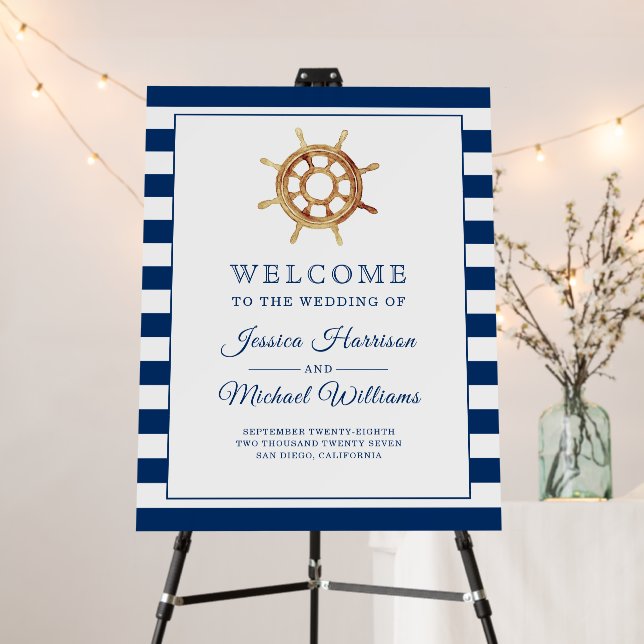 Nautical Navy Blue Stripes Steering Wheel Wedding Foam Board (In Situ (Stand))