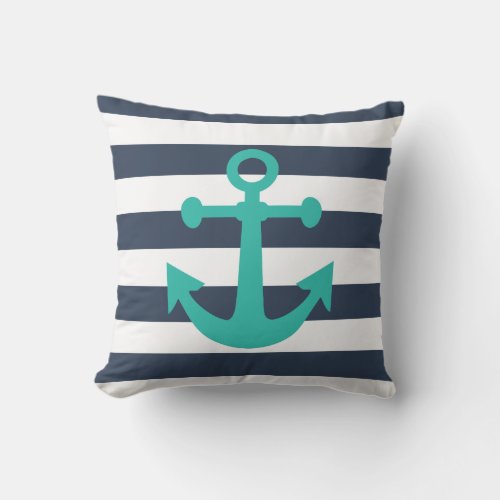 Nautical Navy Blue Stripes Turquoise Anchor Throw Pillow