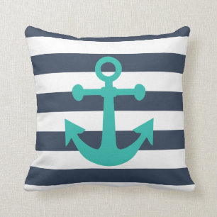 Nautical Navy Blue Stripes Turquoise Anchor Throw Pillow