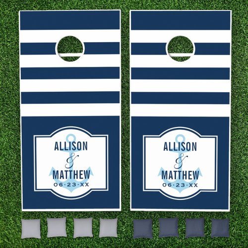 Nautical Navy Blue Stripes Wedding Monogram Cornhole Set