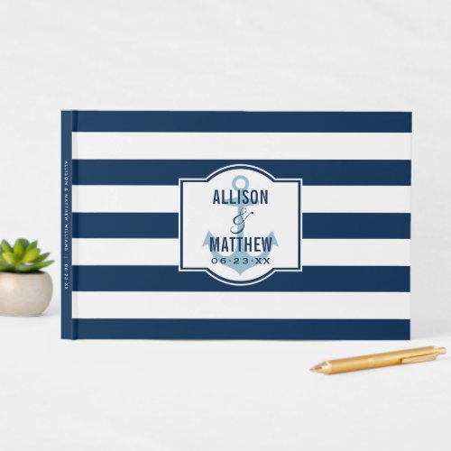 Nautical Navy Blue Stripes Wedding Monogram Guest Book