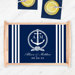 Nautical Navy Blue Stripes Wedding Monogram Serving Tray