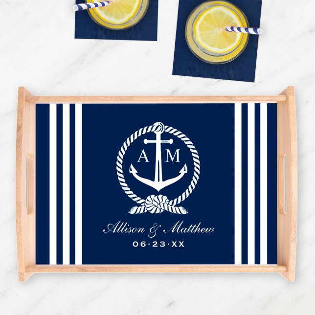 Nautical Navy Blue Stripes Wedding Monogram Serving Tray (Creator Uploaded)