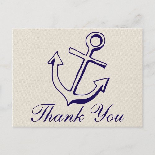 Nautical Navy Blue Thank You Anchor Tan Wedding Postcard