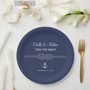 Nautical Navy Blue Tied the Knot Wedding Paper Plates