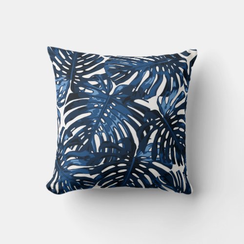 Nautical Navy Blue Tropical Jungle Leaves Throw Pillow