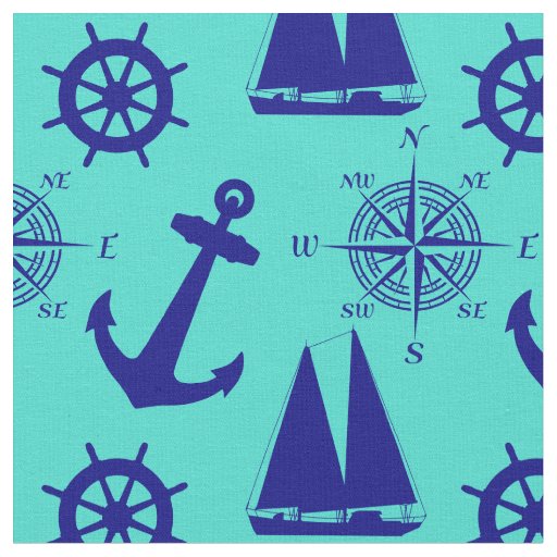 Nautical Navy Blue Turquoise Pattern Fabric