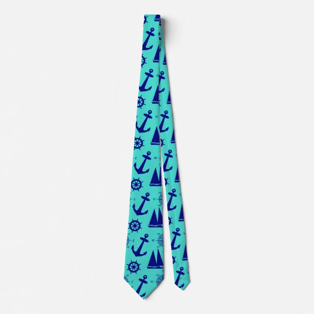 Nautical Navy Blue Turquoise Pattern Neck Tie (Front)