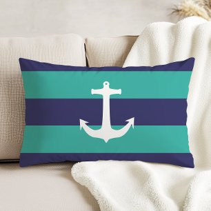 Nautical Navy Blue Turquoise Stripes White Anchor Accent Pillow