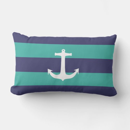 Nautical Navy Blue Turquoise Stripes White Anchor Lumbar Pillow