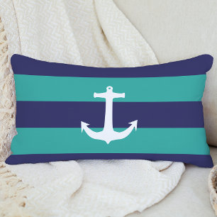 Nautical Navy Blue Turquoise Stripes White Anchor Lumbar Pillow