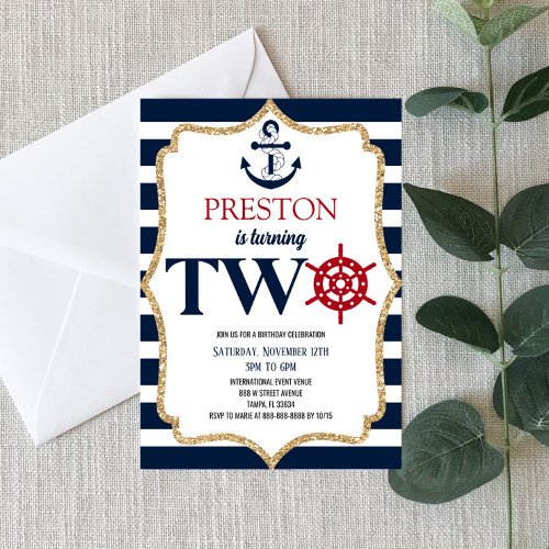 Nautical Navy Blue Two 2nd Second Birthday Party  Invitation