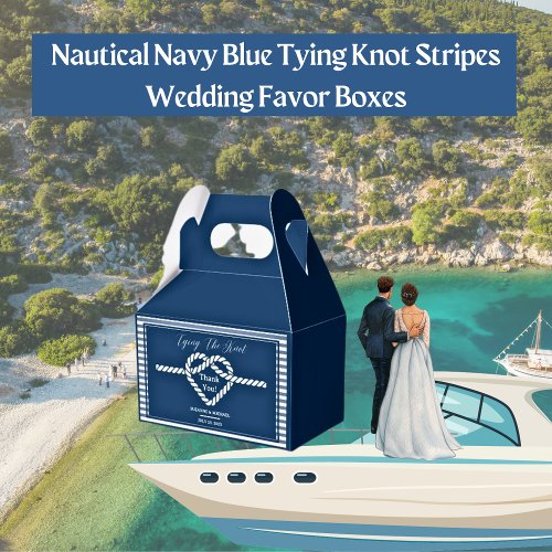 Nautical Navy Blue Tying Knot Stripes Wedding  Favor Boxes