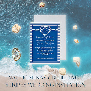 Nautical Navy Blue Tying Knot Stripes Wedding Invitation