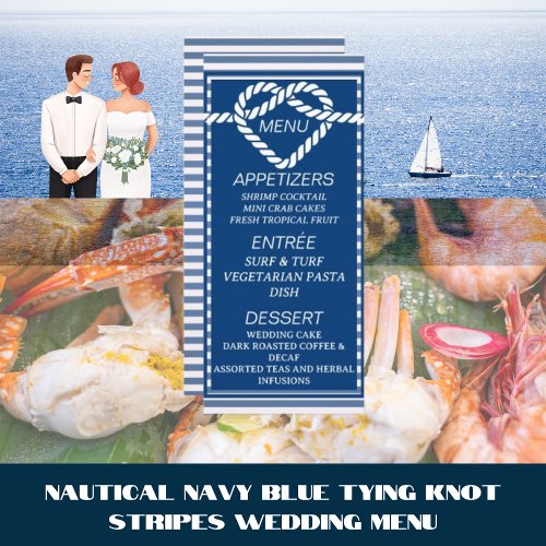 Nautical Navy Blue Tying Knot Stripes Wedding  Menu