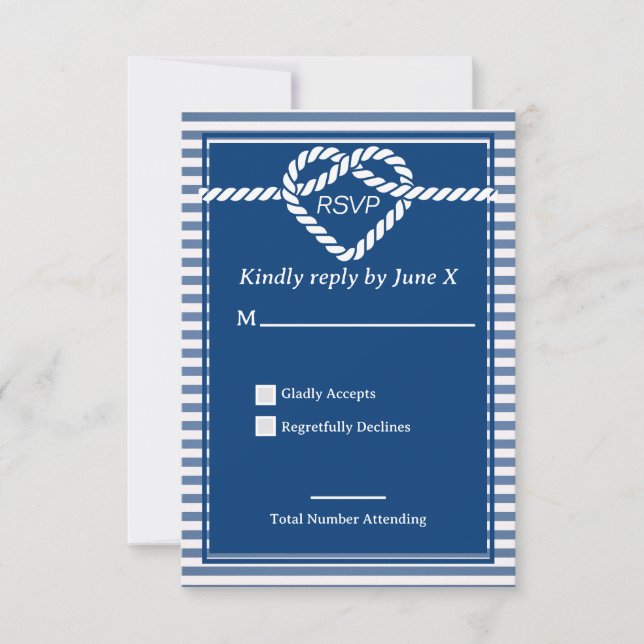 Nautical Navy Blue Tying Knot Stripes Wedding  RSVP Card (Front)