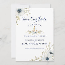 Nautical Navy Blue Watercolor Floral Wedding Save The Date