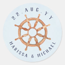 Nautical Navy Blue + Watercolor Ship's Wheel Classic Round Sticker