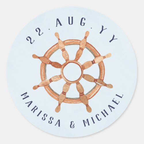 Nautical Navy Blue  Watercolor Ships Wheel Classic Round Sticker