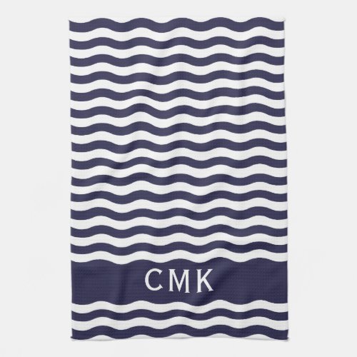 Nautical Navy Blue Waves Chic Beach House Monogram Kitchen Towel