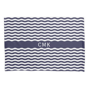 Nautical Navy Blue Waves Chic Beach House Monogram Pillow Case