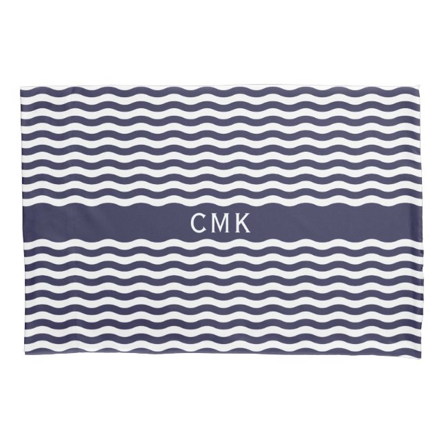 Nautical Navy Blue Waves Chic Beach House Monogram Pillow Case (Front)