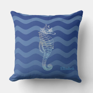 Nautical Navy Blue Waves, Seahorse Throw Pillow